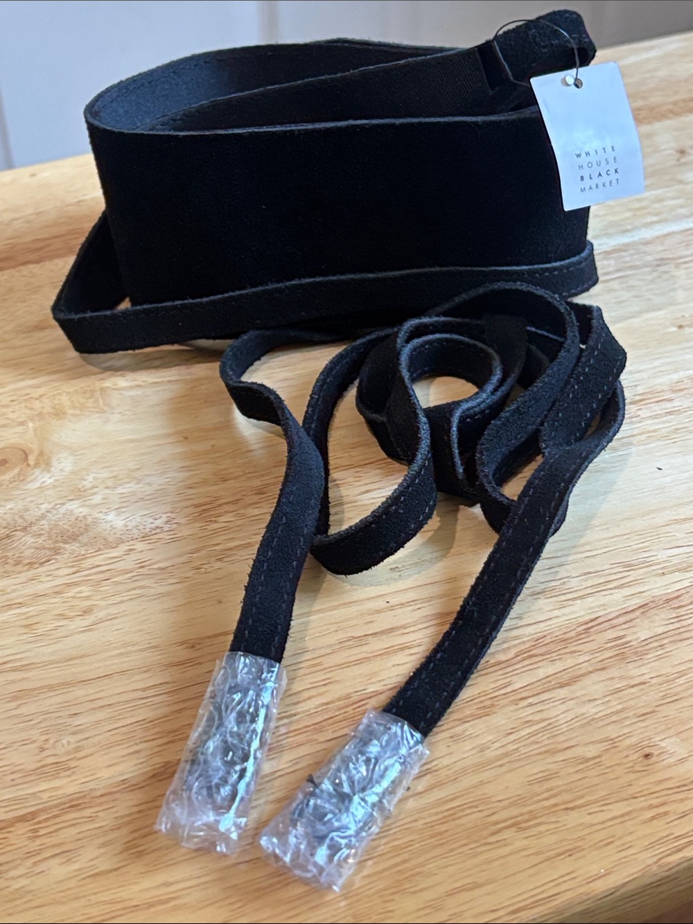 White House Black Market Black Suede Leather Wrap Obi Tie Belt size XL Metal tip